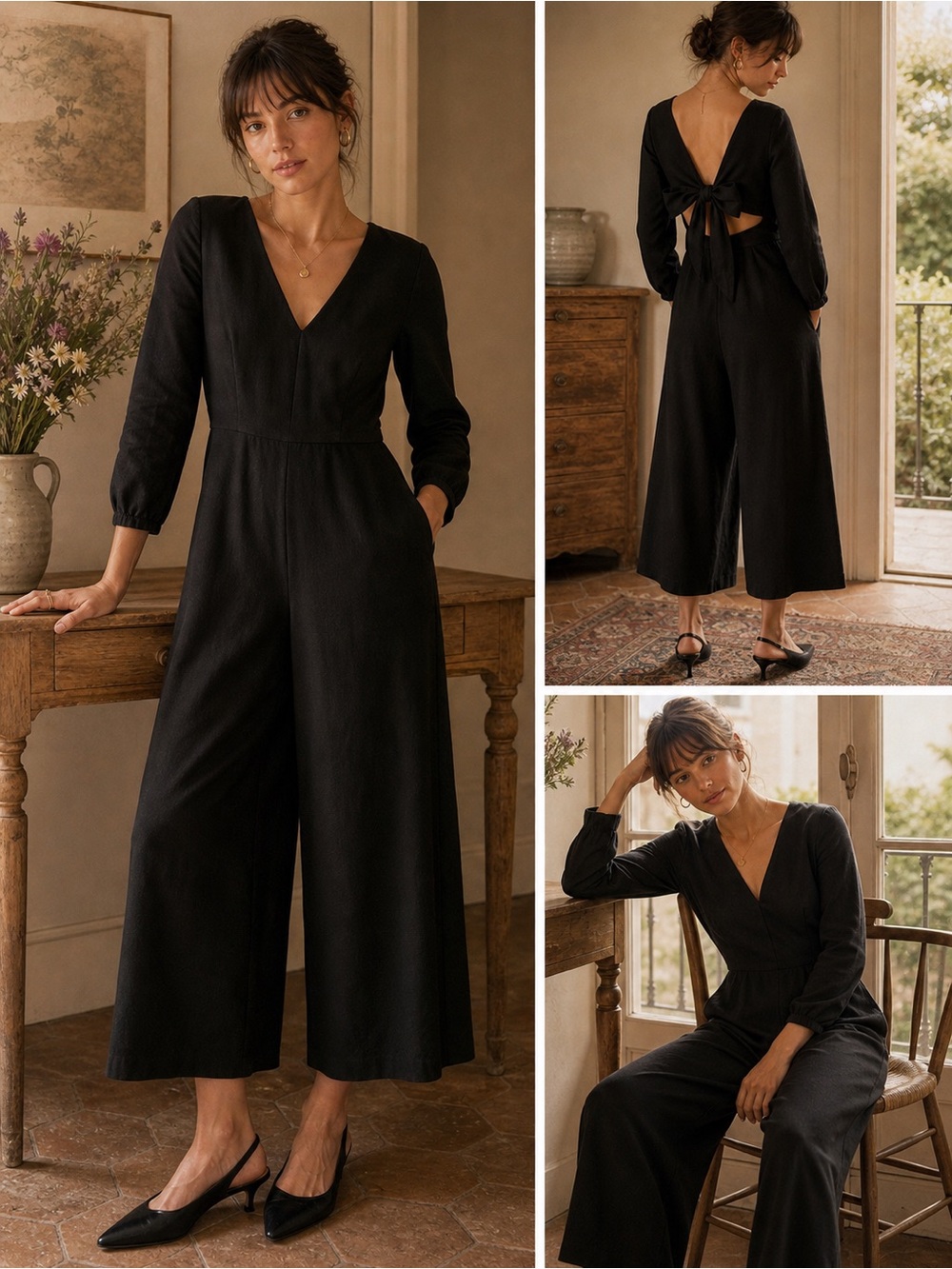 Wilfred Black V-Neck Tie-Back Wide-Leg Jumpsuit